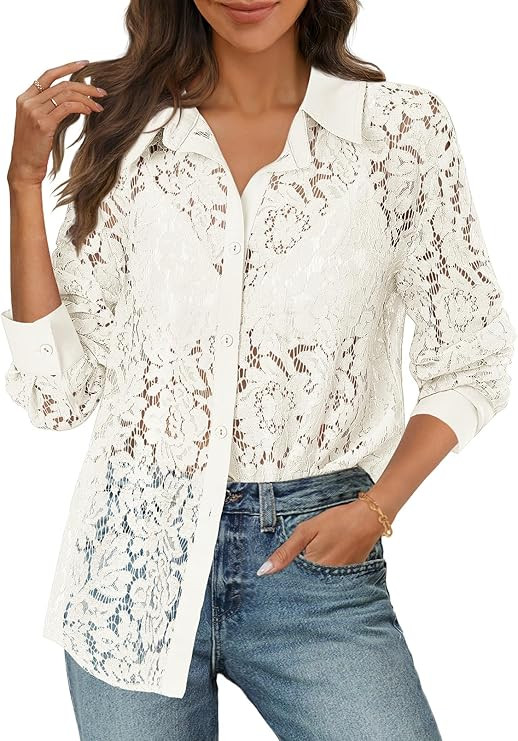 MEROKEETY Women's Lace Sheer Long Sleeve Tops Blouses Dressy Casual Button Down Collared Summer S... | Amazon (US)