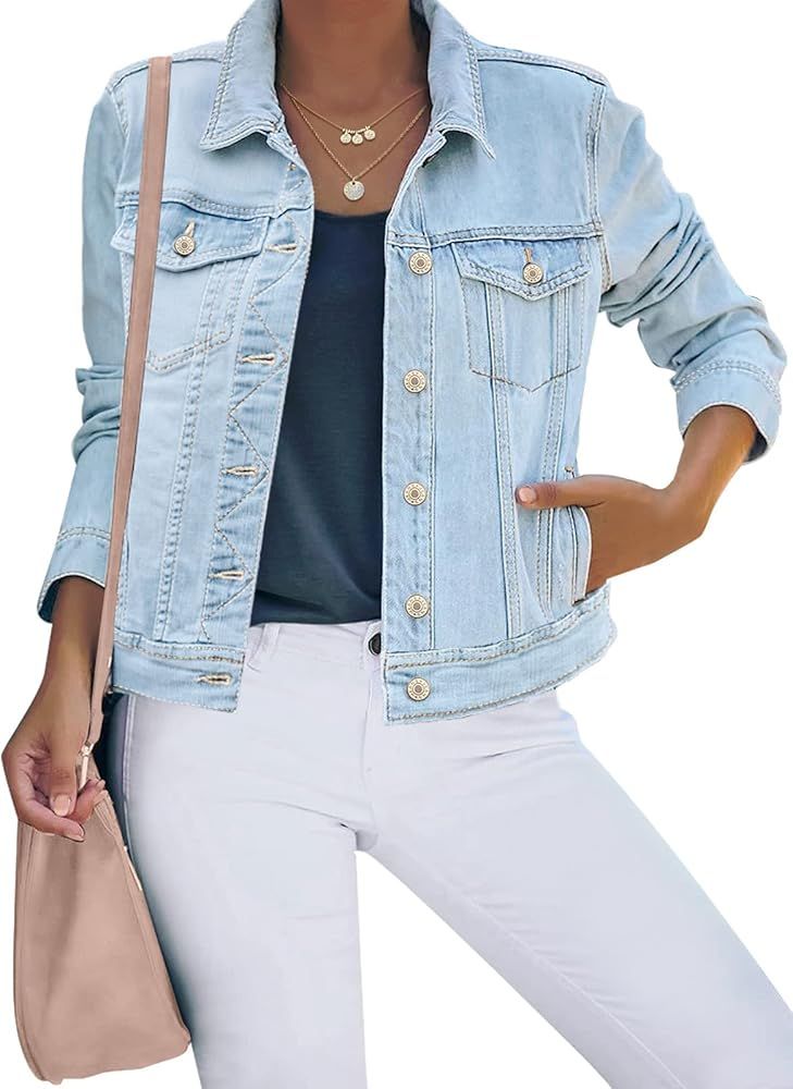 luvamia Women's Basic Button Down Stretch Fitted Long Sleeves Denim Jean Jacket | Amazon (US)