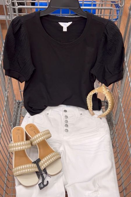 Walmart outfit idea with this $10 puff sleeve top and white high rise jeans. These woven block heel sandals are comfy and look like some Dolce Vita ones! #datenight

#LTKfindsunder100 #LTKstyletip #LTKfindsunder50