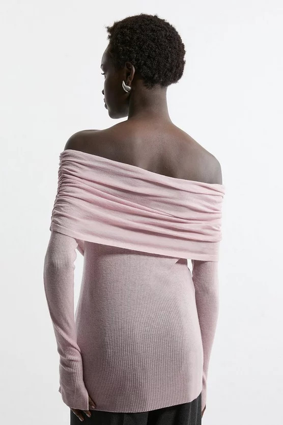 Petite Wool Blend Ballet Bardot Knit Top | Karen Millen | Karen Millen UK + IE + DE + NL