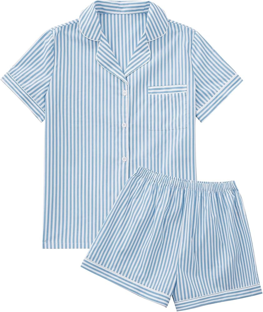 OPOIPIN Women's Striped Pajamas Set Button Down Short Sleeve Shirt 2 Piece Sleepwear with Shorts | Amazon (US)