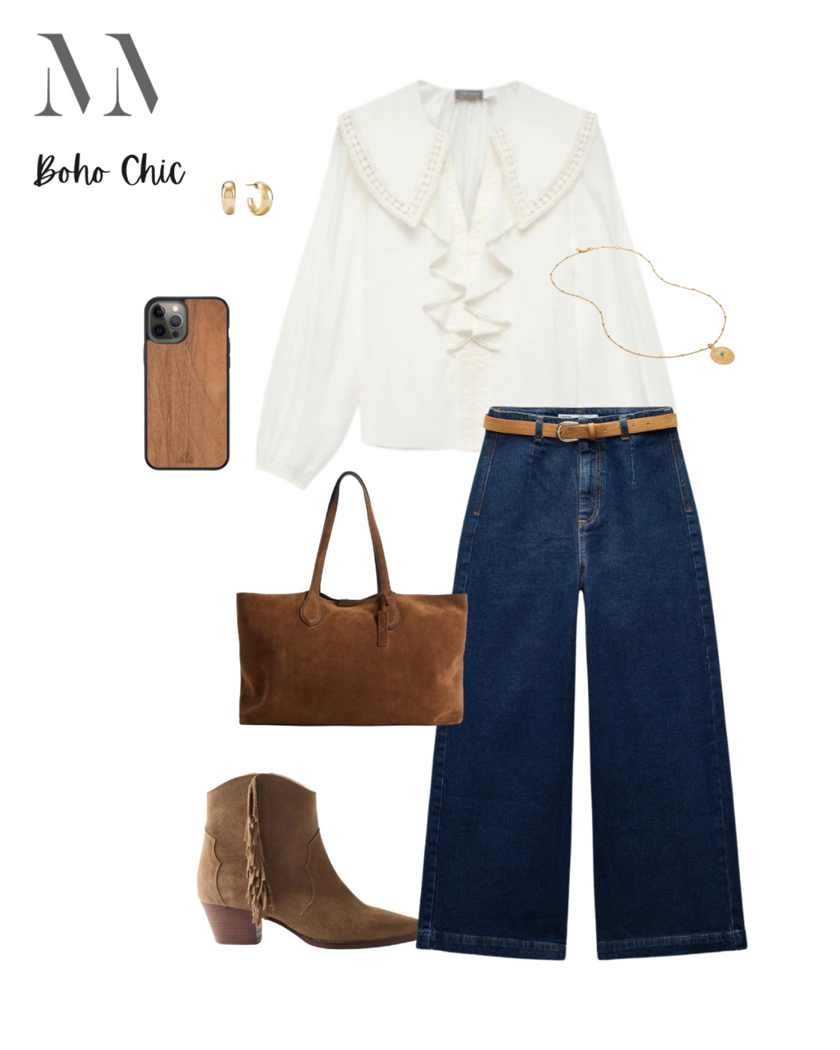 A feminine take on the Boho-Chic trend with a ruffle blouse, wide leg jeans and soft suede accessories which are going to work very hard for you for this season! Fringed boots and gold jewelry add texture and warmth making it the perfect transitional outfit for spring.

#LTKmidsize #LTKspring #LTKuk