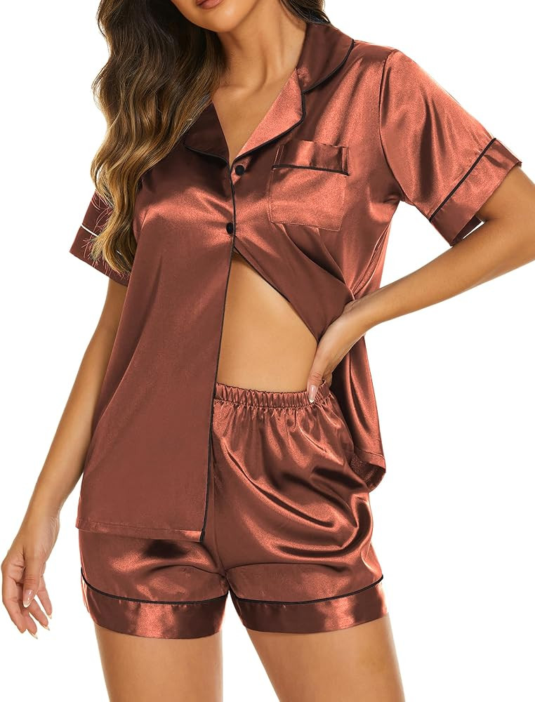 Ekouaer Womens Satin Silk Pajamas Set Short Sleeve Button Down Top and Shorts Sleepwear 2 Piece P... | Amazon (US)