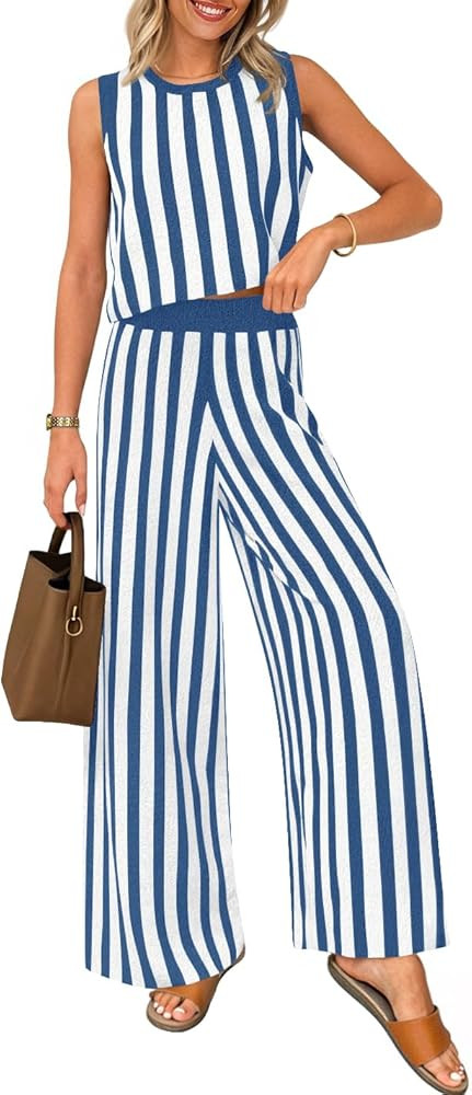 ZESICA Women's Summer Two Piece Outfits Crop Tank Tops and Wide Leg Pants Striped Lounge Travel S... | Amazon (US)