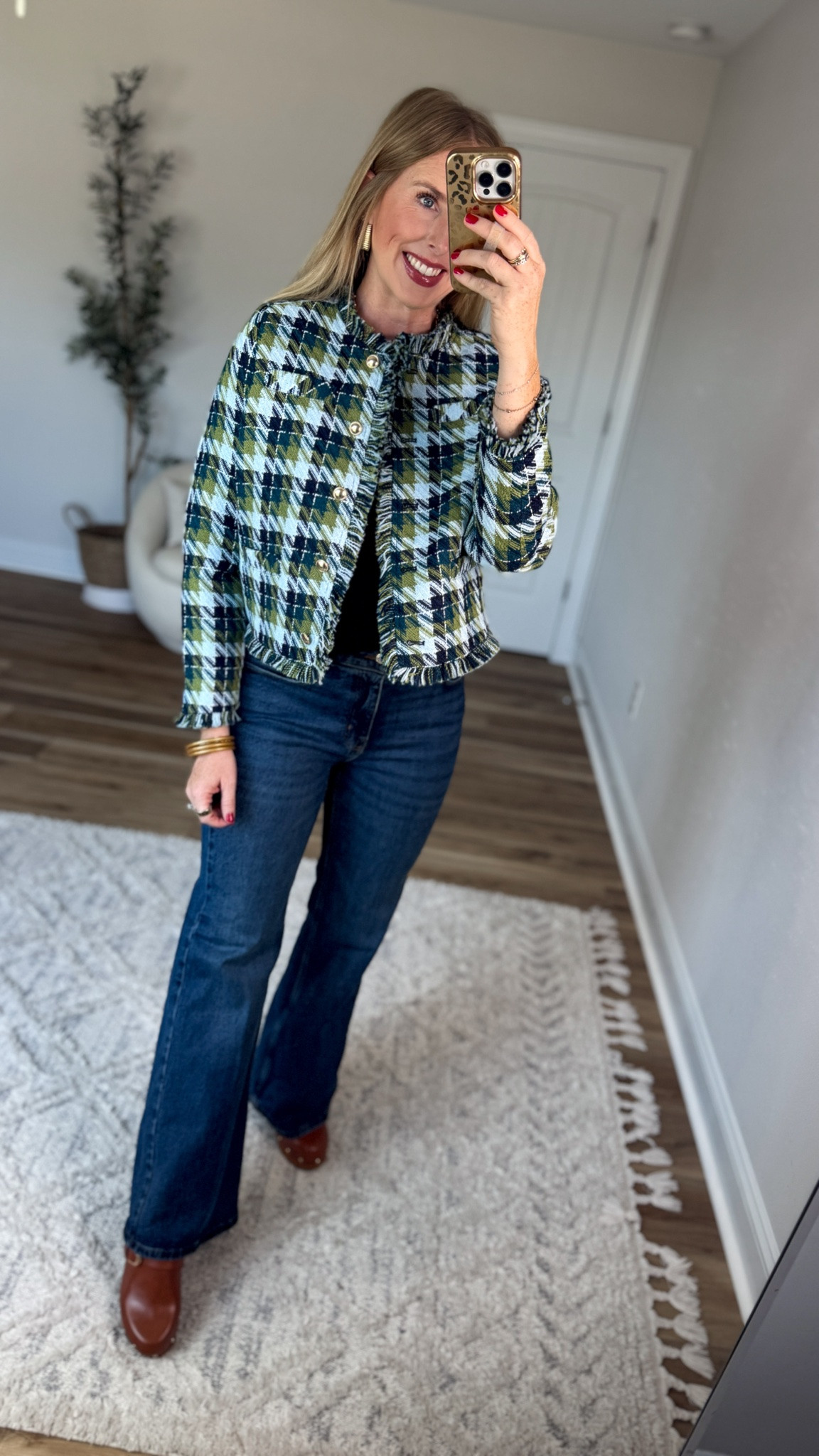 Daily try on, Walmart outfit, Walmart fashion, Walmart style, free assembly, tweed jacket, flare jeans

#LTKootd