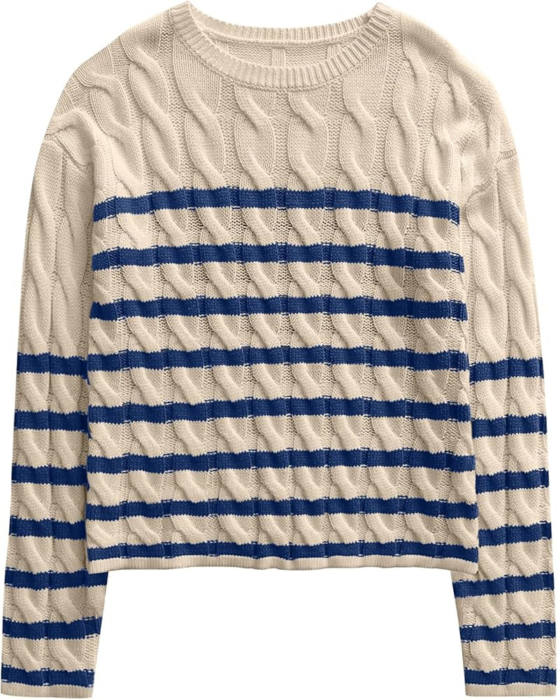 ANRABESS Womens Cable Knit Cropped Sweaters Long Sleeve Crewneck Striped Casual 2024 Fall Pullove... | Amazon (US)