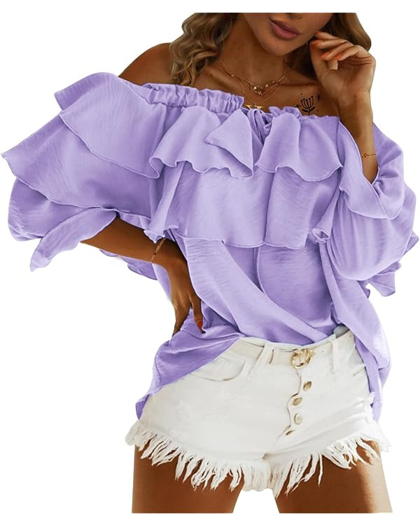 Byinns Women's Off Shoulder Ruffle Trendy Summer Fashion Long Sleeve Blouse Sexy Dressy Casual Ou... | Amazon (US)