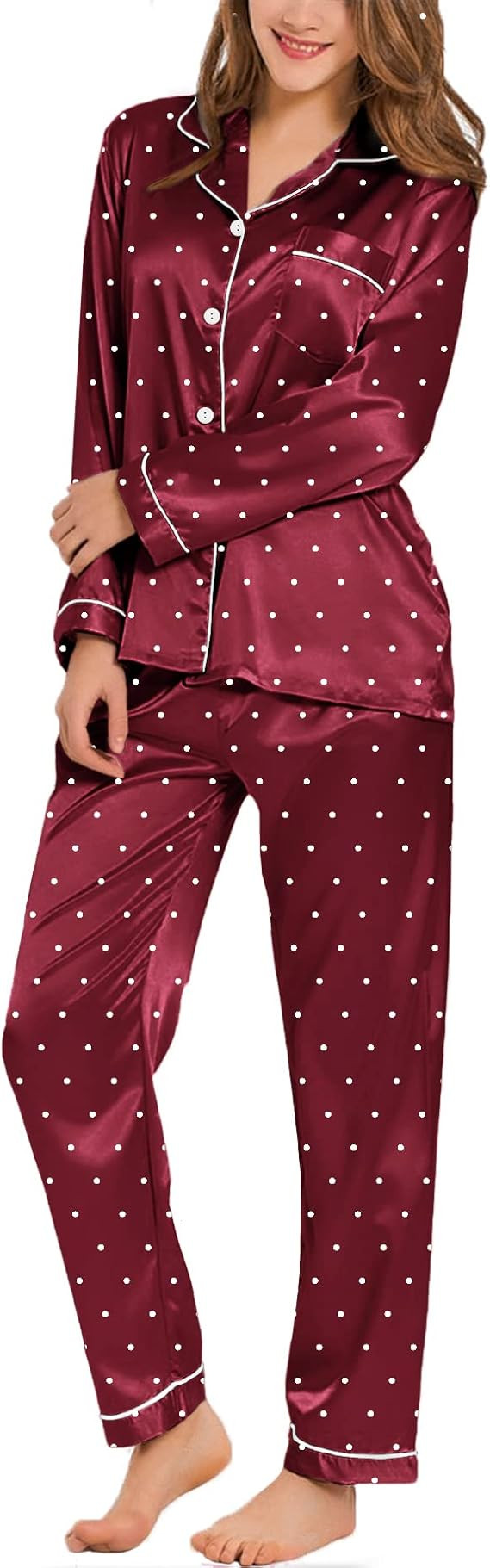 SWOMOG Womens Silk Satin Pajamas Set Long Sleeve Button Down Sleepwear 2 Piece Lounge Set Pj Set ... | Amazon (US)