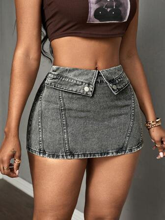 Slaydiva Women's Plain And Simple Everyday Denim Skirt | SHEIN