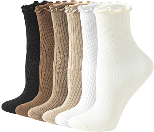 ACCFOD Cute Ruffle Ankle Socks for Women - Neutral Color, 6-Pack (Size 5-9) | Amazon (US)