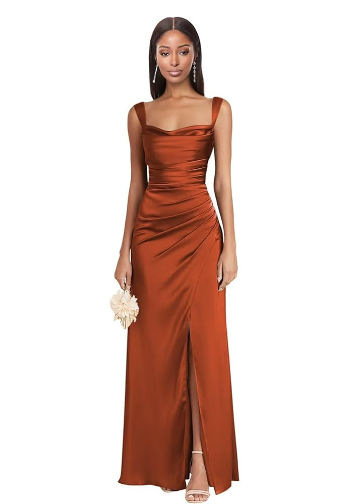 Dessiny Square Neck Satin Bridesmaid Dresses for Women with Slit Spaghetti Straps Pleated Maxi Fo... | Amazon (US)