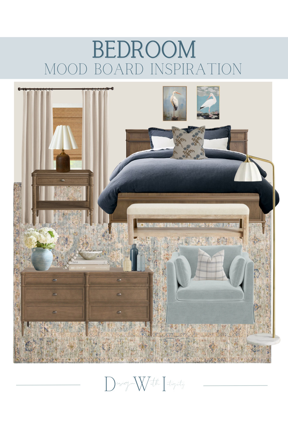 This bedroom mood board combines rich navy bedding, warm wood furniture, and soft blue accents for a look that feels timeless, cozy, and elevated. The layered textures and classic silhouettes create a calming retreat with just the right amount of contrast and sophistication.

I love how the deep blue bedding anchors the space while the soft accent chair and vintage inspired rug keep the palette feeling light and inviting. Every piece was selected to create a bedroom that feels collected, comfortable, and beautifully livable.

Tap through to shop all selections and bring this designer inspired bedroom look into your own home.

#bedroomdecor #bedroomdesign #bedroominspiration #bluebedroom #neutralhome #traditionalhome #cozybedroom #interiordesign #homedecor #ltkhome

navy bedroom
blue and beige bedroom
traditional bedroom design
designer bedroom inspiration
cozy bedroom decor
warm wood furniture
layered bedding
neutral bedroom style
classic home decor
bedroom mood board 

 #LTKHome