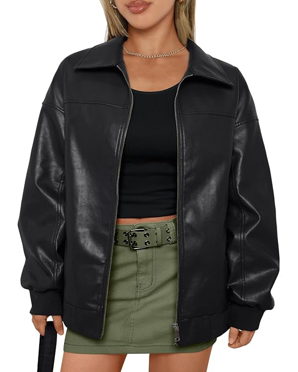 AUTOMET Womens Oversized Leather Jackets Zip Up Coats Faux Motorcycle Bomber Outfits Fall Trendy ... | Amazon (US)