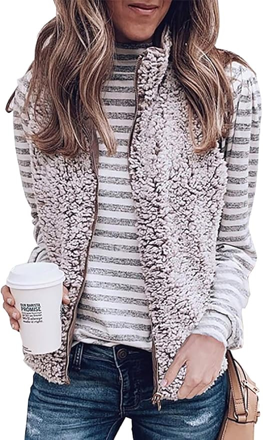 BTFBM Women Fleece Sherpa Fuzzy Warm Lightweight Sleeveless Zip Up Gilet Quilted Reversible Vest ... | Amazon (US)