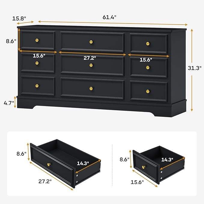 Hasuit Large 9 Drawer Dresser for Bedroom, 61.4'' Long Modern Chest of Drawers, Black Wide Dresse... | Amazon (US)