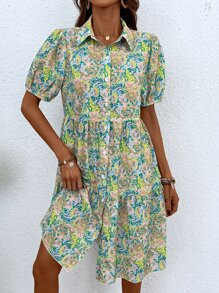 Floral Button Front Puff Sleeve Ruffle Hem Dress
   SKU: sw2207082939343733      
          (124 ... | SHEIN