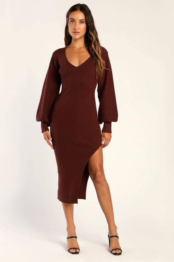 Autumn Darling Chocolate Brown Balloon Sleeve Midi Sweater Dress | Lulus (US)