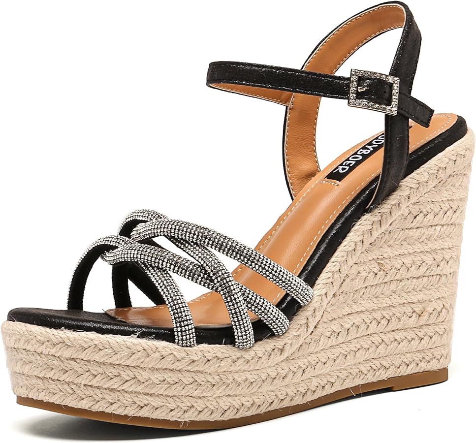 Rhinestone Wedge Sandals for Women, High Heel Summer Wedges, Open Toe Dressy Platform Espadrille ... | Amazon (US)