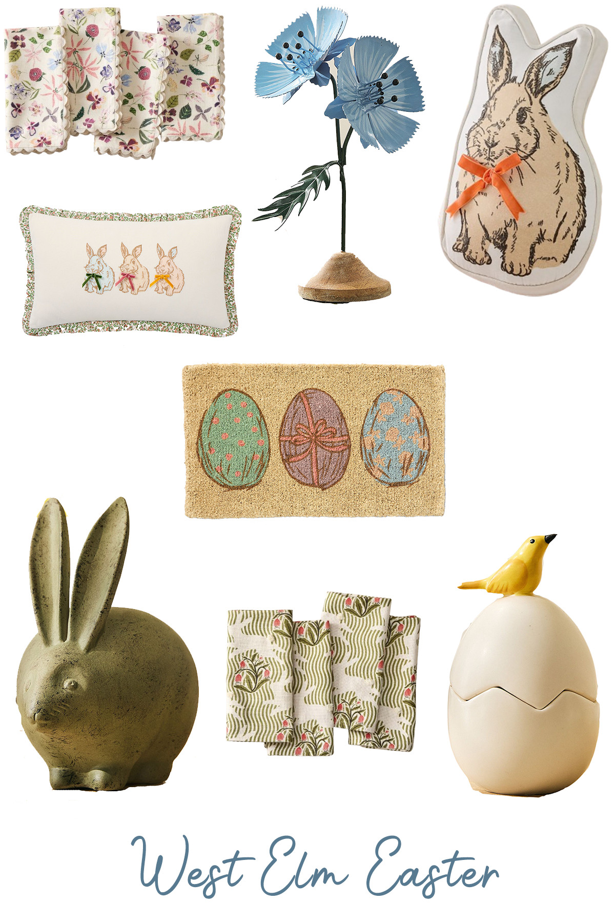 West Elm Easter Decor
This West Elm Easter collection leans into a refined, artisanal aesthetic that feels both modern and nostalgic. This year, the trend is all about muted palettes and tactile textures (think sage greens, dusty blues, and creamy off-whites with delicate embroidery). Key pieces like the scalloped floral napkins and the ribbon-adorned bunny pillow evoke a “Grandmillennial” charm, while the sculptural stoneware bunny and the sleek bird-topped egg canister keep the look grounded in mid-century modern roots. 

 #LTKSeasonal #LTKHome