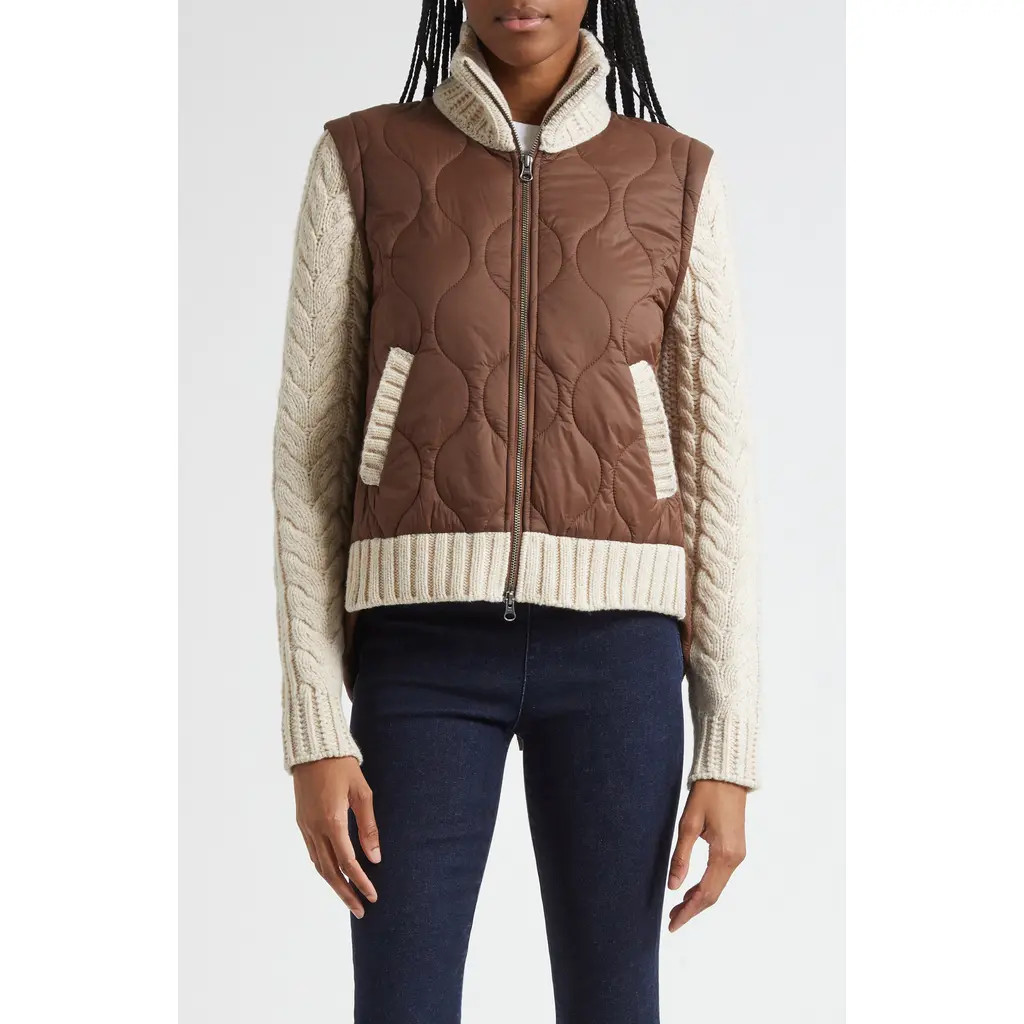 Veronica Beard Patra Quilted Mixed Media Wool Blend Jacket in Mocha Heathered Sand at Nordstrom, Size Medium | Nordstrom