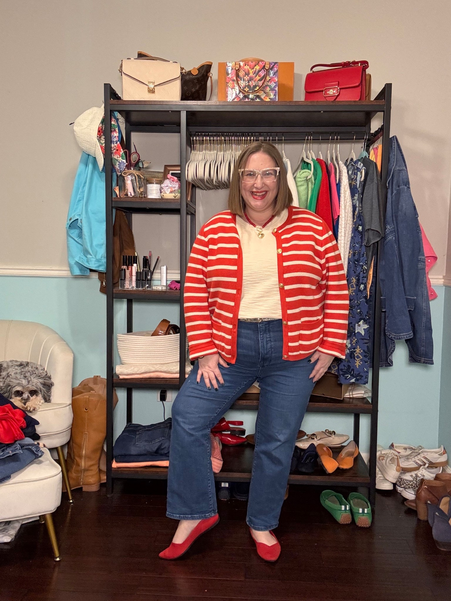 My lady jacket is old from JCrew, but I linked a similar cardigan from Abercrombie — the image isn’t showing as red & cream, but it is!