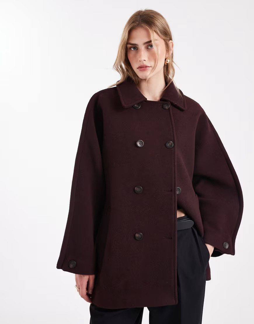 ASOS DESIGN wool blend pea coat in burgundy-Red | ASOS (Global)
