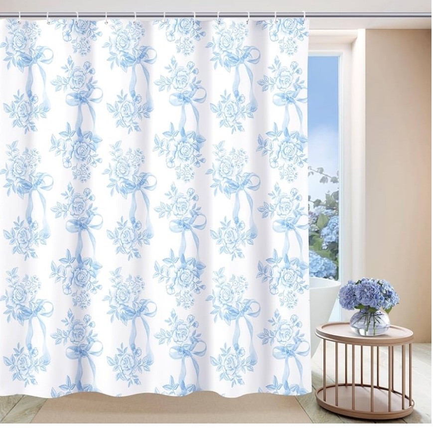 This pretty love shack fancy inspired shower curtain also comes in pink 🎀🩷

#LTKSeasonal #LTKHome