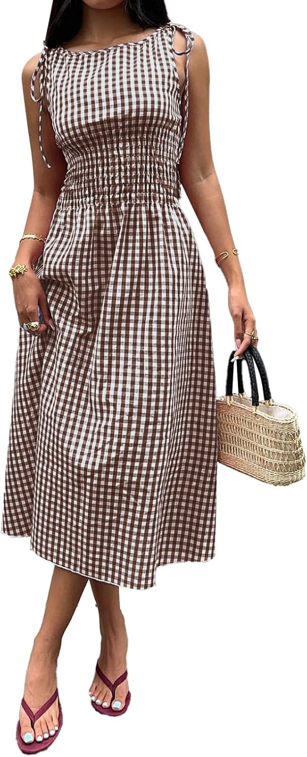 Acelitt Womens Gingham Dress Flowy Maxi Beach Sun Dresses | Amazon (US)