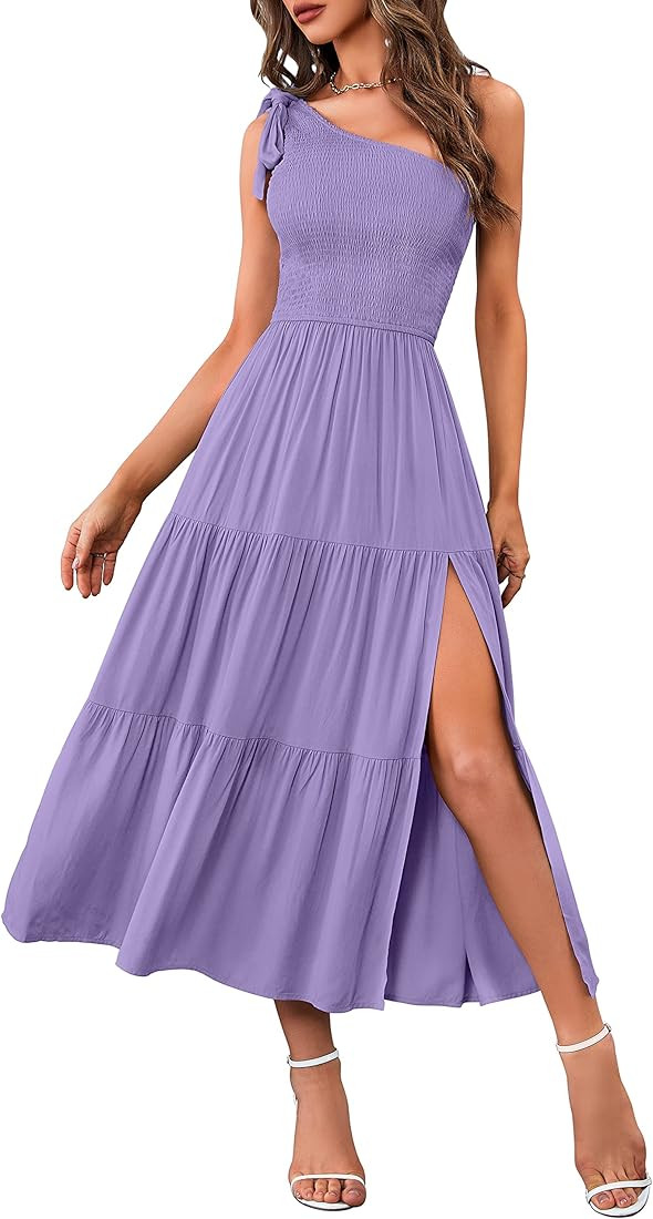 MEROKEETY Women's Summer One Shoulder Sleeveless Knot Smocked Midi Dress Split Tiered Flowy Dresses | Amazon (US)