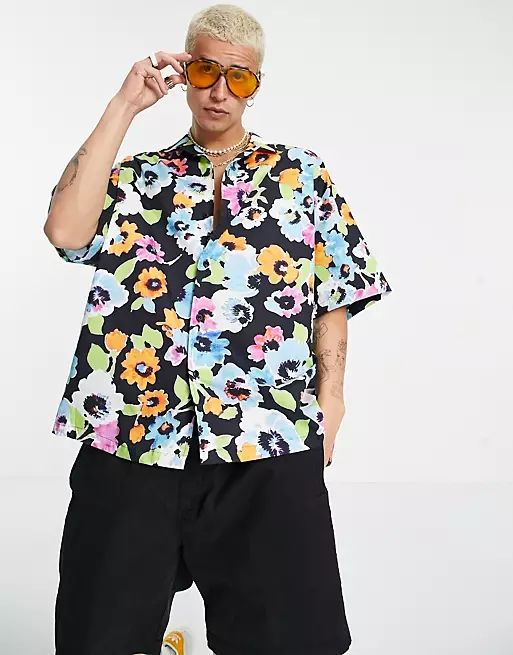 ASOS DESIGN boxy oversized revere shirt with all-over bright floral | ASOS (Global)