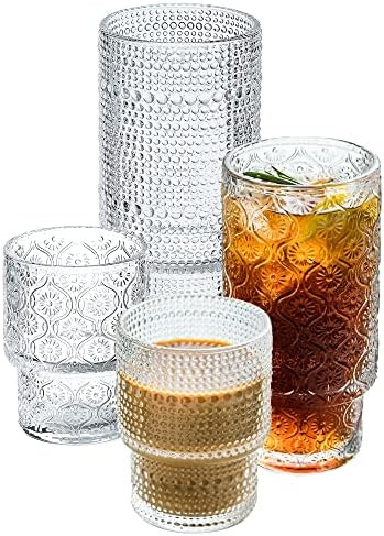 Drinking Glasses with Ribbed Glassware Set of 4pcs Glass Cups,2 Highball Glasses & 2 Rocks Glasse... | Amazon (US)