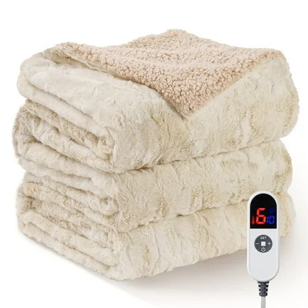 MARNUR Heated Blanket 72"x84" Faux Fur & Sherpa Electric Blanket with 6 Heat Levels, 10H Timer, LED Display, Machine Washable, Tie-Dye Off-White | Walmart (US)