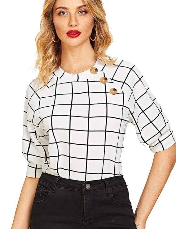 Romwe Women's Buttons Side 3/4 Sleeve Check Print Vintage Blouse Shirts Top | Amazon (US)