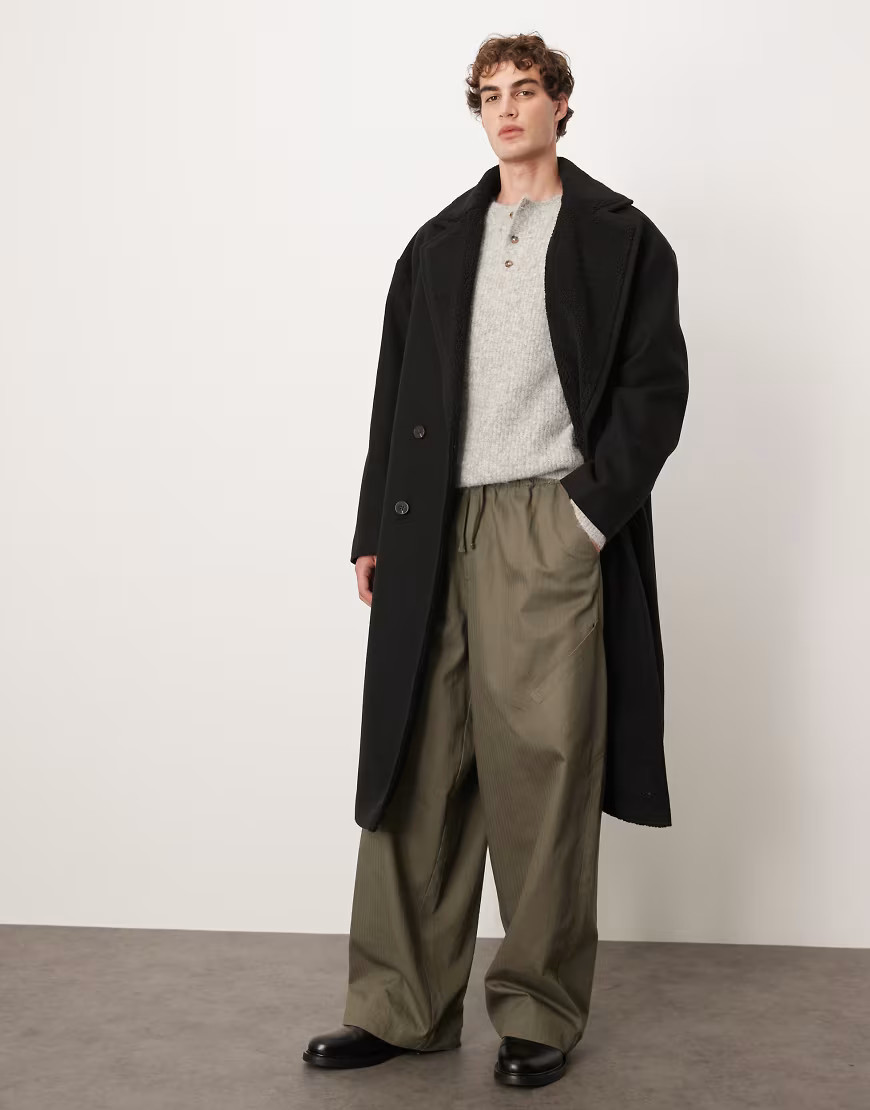 ASOS DESIGN oversized long wool look overcoat with teddy collar in black | ASOS (Global)