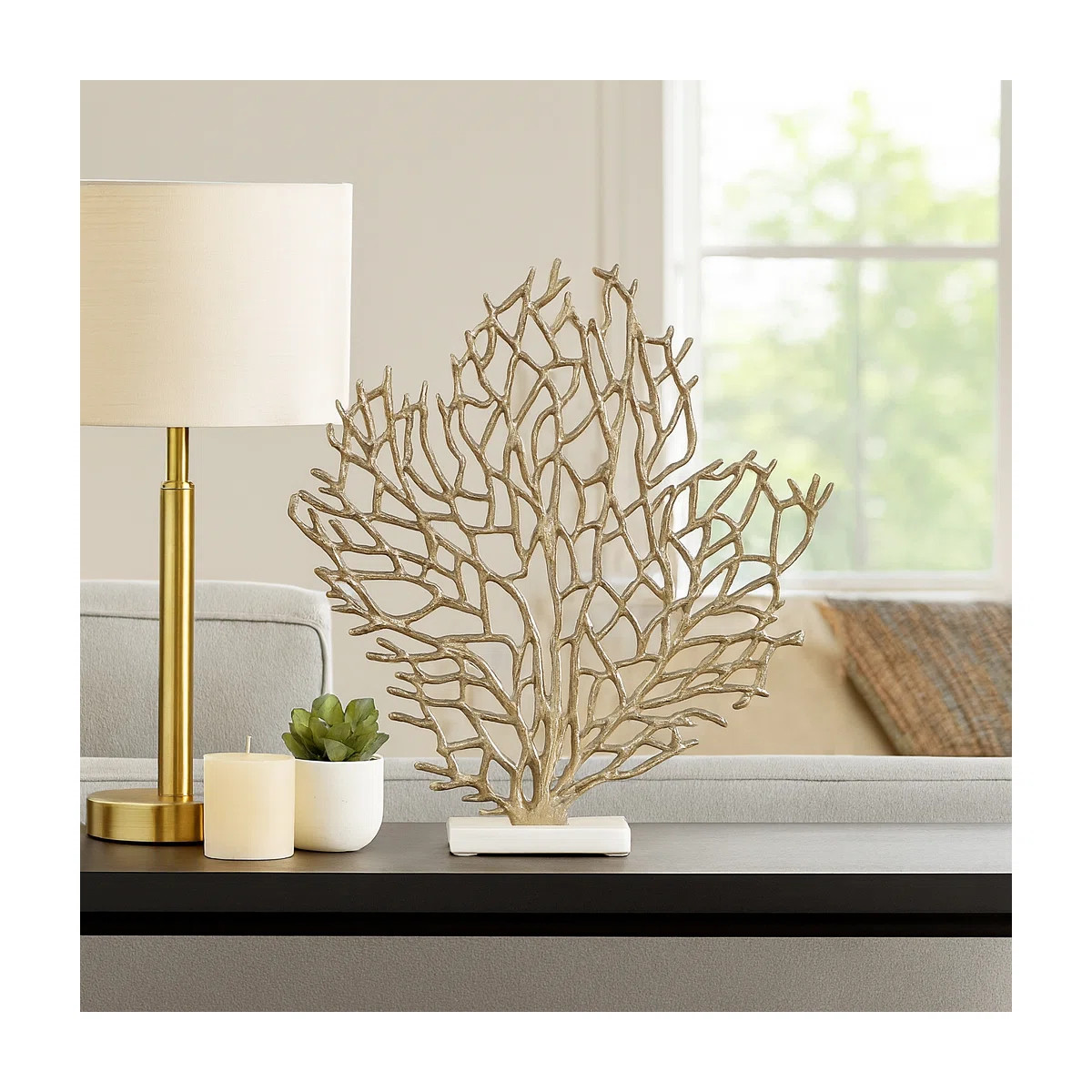 Metal Coastal Coral Sculpture with Marble Base - 21" Gold Decorative Accent for Home, Office, Bed... | Wayfair North America