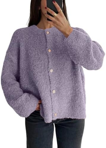 CHARTOU Women Fuzzy Knit Sweater Long Sleeve Crewneck Loose Open Front Cardigan Tops | Amazon (US)