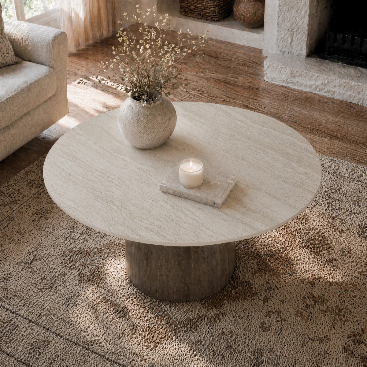 Meranda Round Stone Coffee Table With Walnut Solid Wood Pedestal For Living Room & Home Decor | Wayfair North America