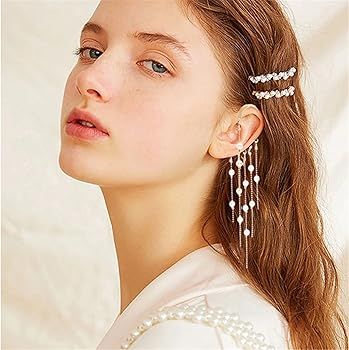 Long Pearl Tassel Dangle and Dropping Earring Luxury Crystal Tassel Chain Clip Cuff Earring for W... | Amazon (US)