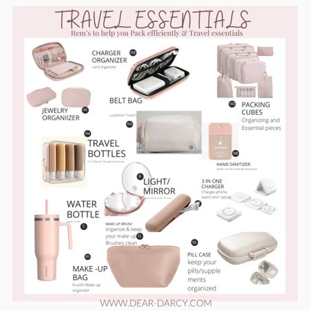 Travel Essentials 
12 Items to help you pack well and stay organized. 

These are all items I own and use every time I travel. If you know me or follow me you know I love to travel/adventure.

I try to go somewhere once a month even if it’s just a staycation. So I have  tried out several organizations items and found these are the Best ones for me and I think you’ll love too.

1.  Cloth Jewelry zip organizer has clear pockets inside, plenty of hooks and different sizes to hold all of your jewelry. I love you can see everything and that it is pretty flat like a book.

2. Cord organizer I don’t know about you but I can’t stand all my chargers and cords in a mess. This keeps them tidy.

3. Packing cubes and shoe bags are a must to stay organized and help you pack more without the mess. 💯 a must have!

4. Travel bottles with case TSA approved and great to take you favorite toiletries 
(Comes in several color options)

5. Belt bag by Lululemon a must have for hands free and easy access to you personal items. Great for Airport, walking and headed out sightseeing 

6.  Travel flat spray hand sanitizer 
Smells great and so easy to carry

7.  Stanley 40oz Tumbler with handle, easily fits in all cup holders and keeps drinks hot or cold for hours. 

8. Compact Mirror with light and magnifying mirror. $8.99-12.99
Is flat and packs well.
 identical to the mirror that advertises for $40 

9. 3 in 1 charger folds up compact and really great if you have a lot of items that need to be charged.

10. Kusshi Make up organizer
The only make up bag you’ll ever need!!
Unzips all the way, yet has a flat bottom to remain standing, you can see everything verse digging.  Washable and come in several sizes and colors. 
Love the customization organizer snap in pouches! For brunches, pockets etc.

11. Silicone make up brush holder! Affordable and easy to use

12. Pill case organizers for pills and supplements . Compartments to keep pills separated , snap closer 

O know you will love all of these items.
(I do have all of these and have shared on reel in my feed and story highlights
 

#LTKtravel #LTKitbag #LTKFind