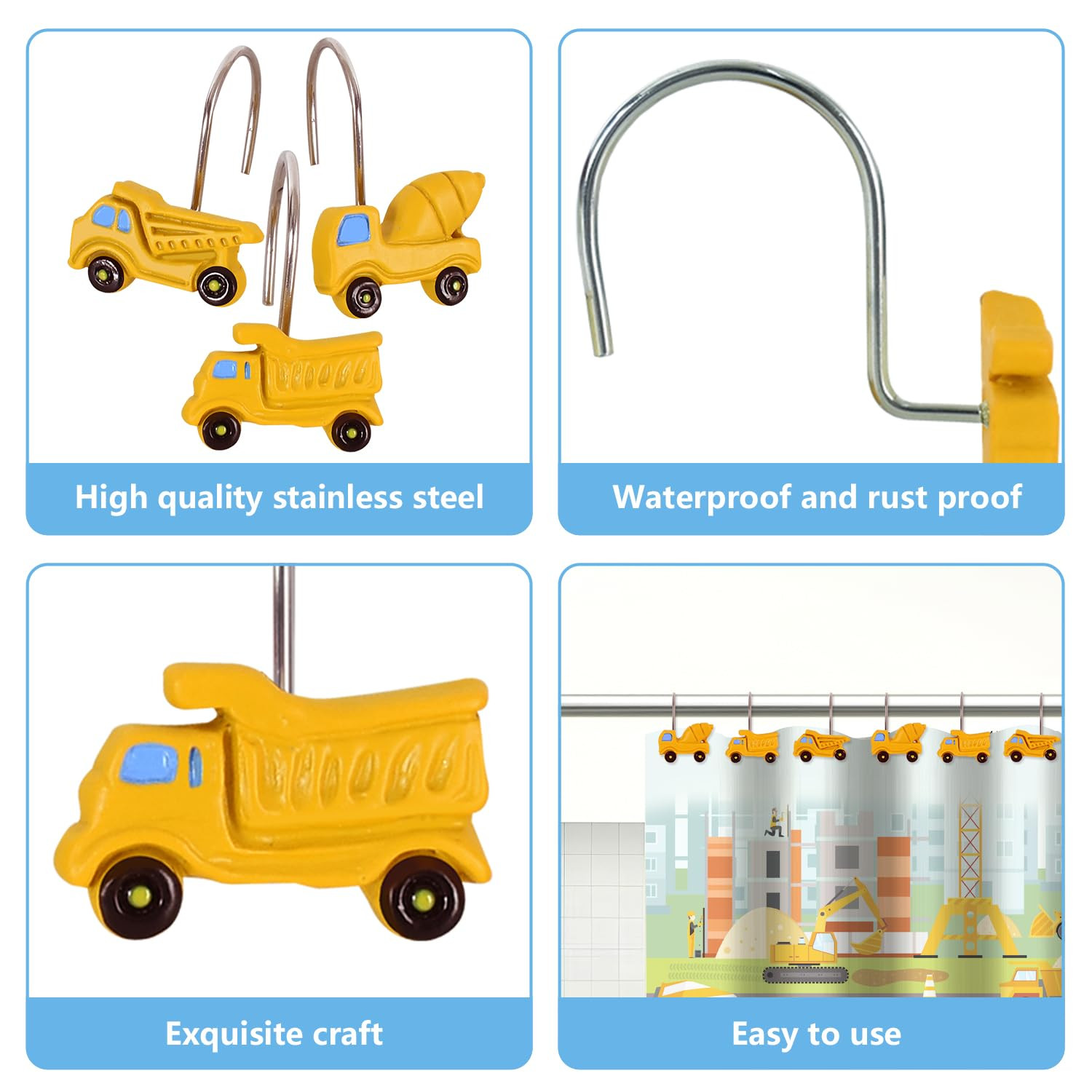 12 Pieces Truck Construction Shower Curtain Hooks Rings, Car Tractor Decorative Shower Hooks for Shower Curtain, Stainless Steel Decorative Shower Hangers Rings for Bathroom | Amazon (US)
