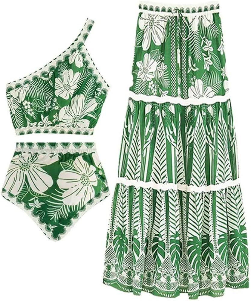 Women One Piece Swimsuit with Beach Cover Up Wrap Skirt Set Floral Print Bikini Tummy Control Two... | Amazon (US)