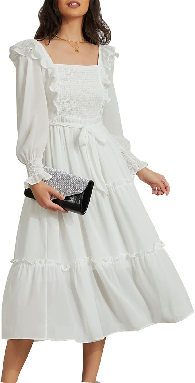 Byinns Womens Long Sleeves Smocked Waist Maxi Dress Elegant Ruffle Square Neck Dresses | Amazon (US)