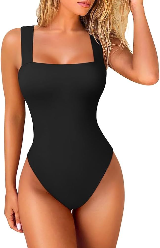 HYZ Women's Sexy Tank Strappy Square Neck Slim Fit Summer Basic One Piece Bodysuit Tops | Amazon (US)