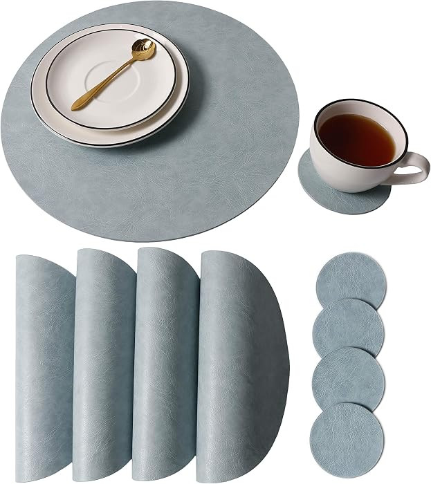 Embossed PU Leather Placemats, 13'' and 3.9'', Set of 4, Blue | Amazon (US)