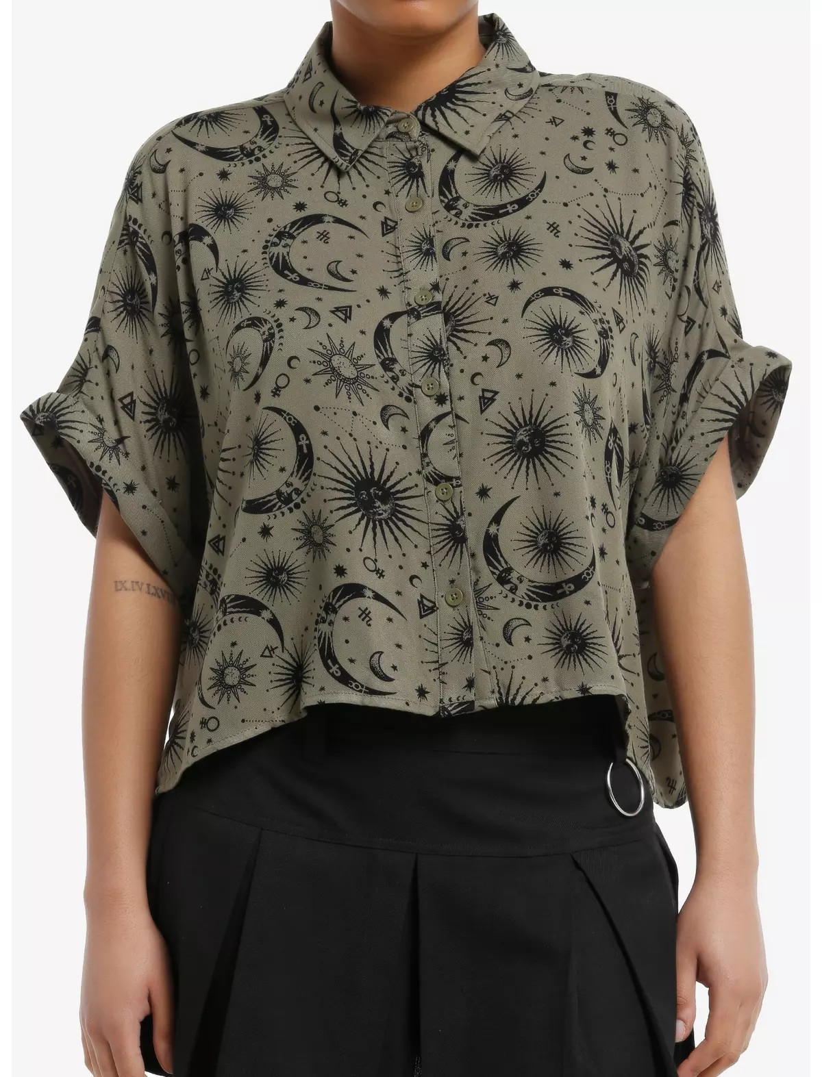 Cosmic Aura Olive Celestial Girls Boxy Woven Button-Up | Hot Topic