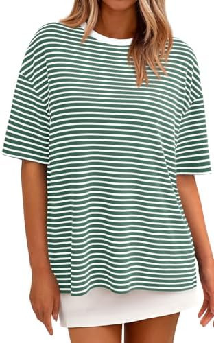 PRETTYGARDEN Womens Oversized Cute Tops Casual Striped Short Sleeve Shirt Women Trendy 2026 Sprin... | Amazon (US)