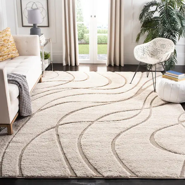 SAFAVIEH Florida Shag Sigtraud Abstract Waves 1.2-inch Thick Rug - 5' x 5' Round - Cream/Beige | Bed Bath & Beyond