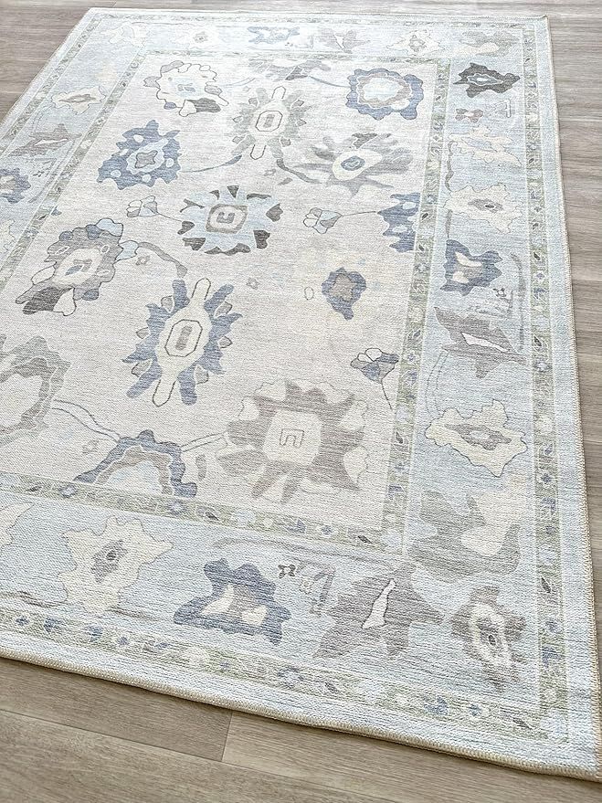 Cream Blue Oushak Rug, Modern, Vintage, Turkish, Eclectic, Floral, Pastel, Washable, Large Area R... | Amazon (US)