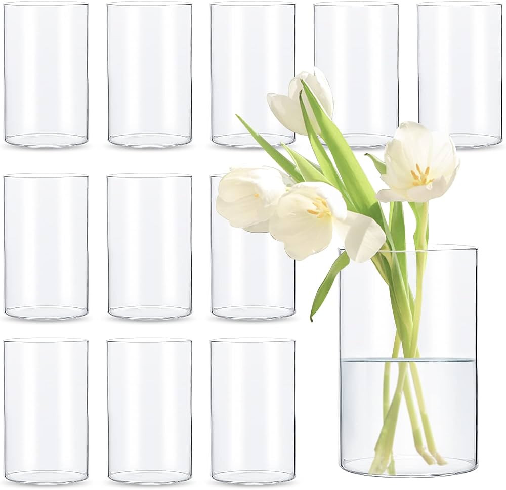 Devilfire 6 Inches Tall Clear Glass Cylinder vases for Center,Set of 12 Pack,Wedding Decorations,... | Amazon (US)