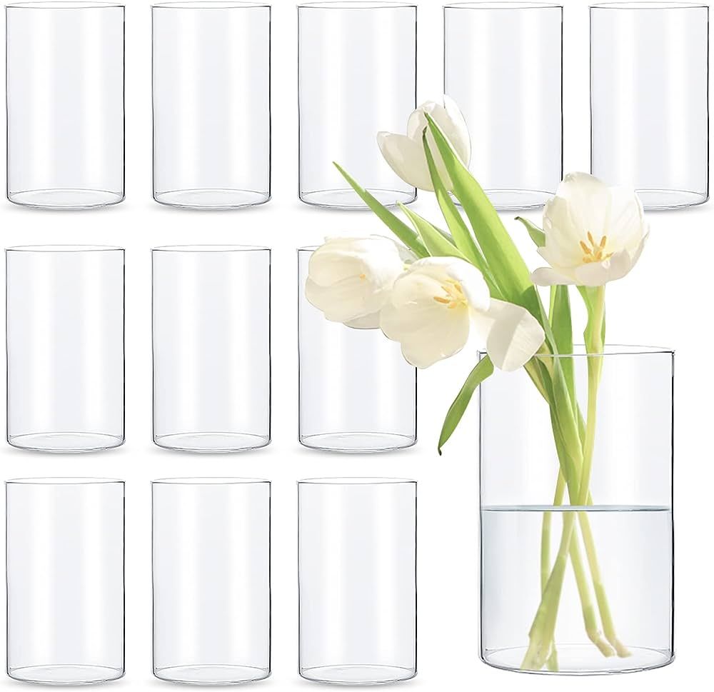 Devilfire 6 Inches Tall Clear Glass Cylinder vases for Center,Set of 12 Pack,Wedding Decorations,... | Amazon (US)